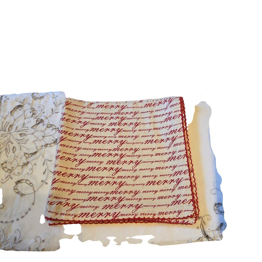 Linen Napkin 4 Piece Set Script Merry Design Red Crochet Trim Christmas Holiday